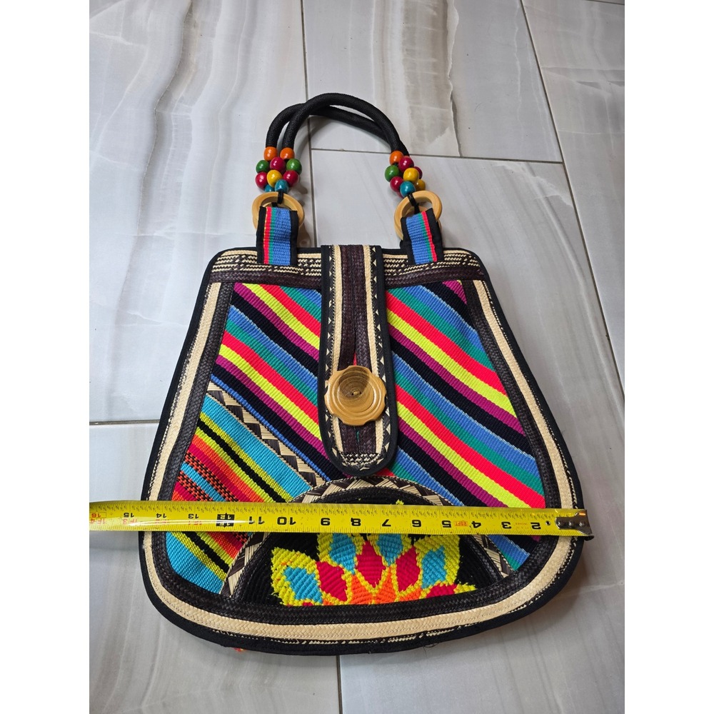 Boho Woven Straw Striped Tote Bag Multi Color Embroidered Floral Wooden F1 - Picture 11 of 16
